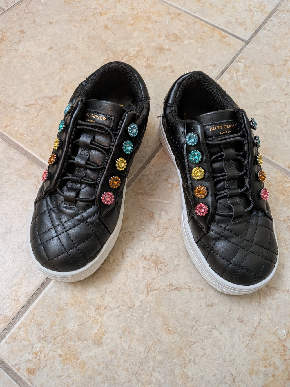 Kurt Geiger Black Quilted Sneakers with Multicolor Crystal Flower Embellishments